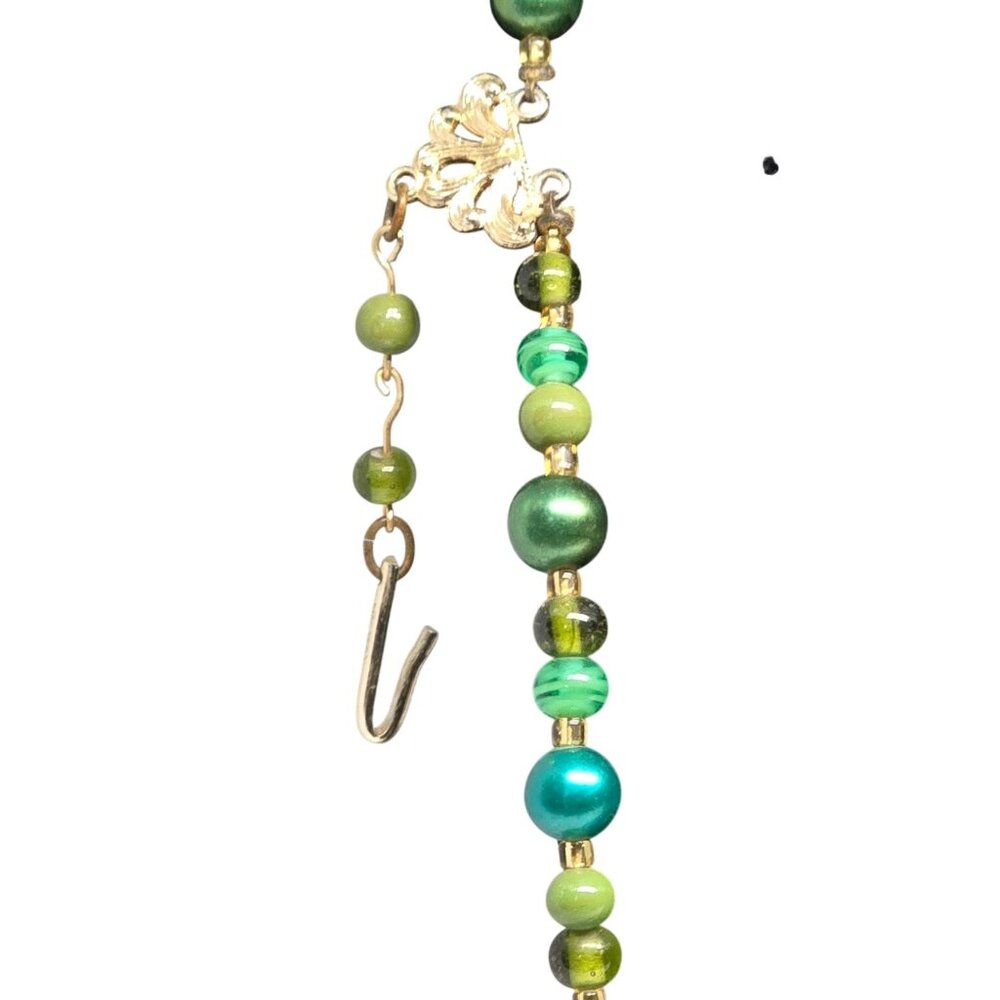 Vintage Beaded Statement Necklace Gold Tone 25" Green Glass & Pearlized Beads - Picture 3 of 5